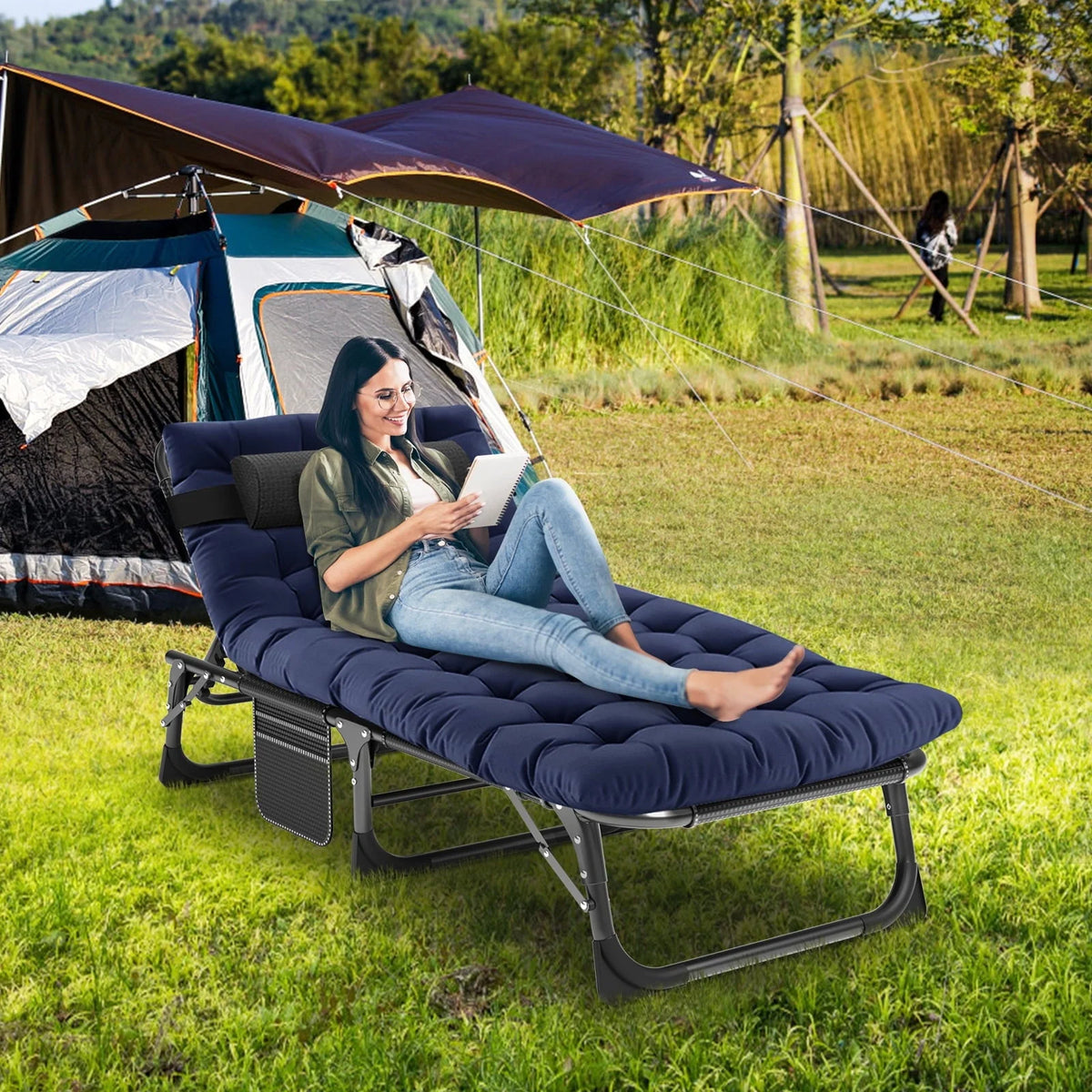 Docred 5-Fold Camping cot for Adults & Kids, Adjustable 4 Fold Reclining Folding Lounge Chairs , 2-Sided Mattress with Pillow, Portable Intdoor Folding Sleeping Cots Bed