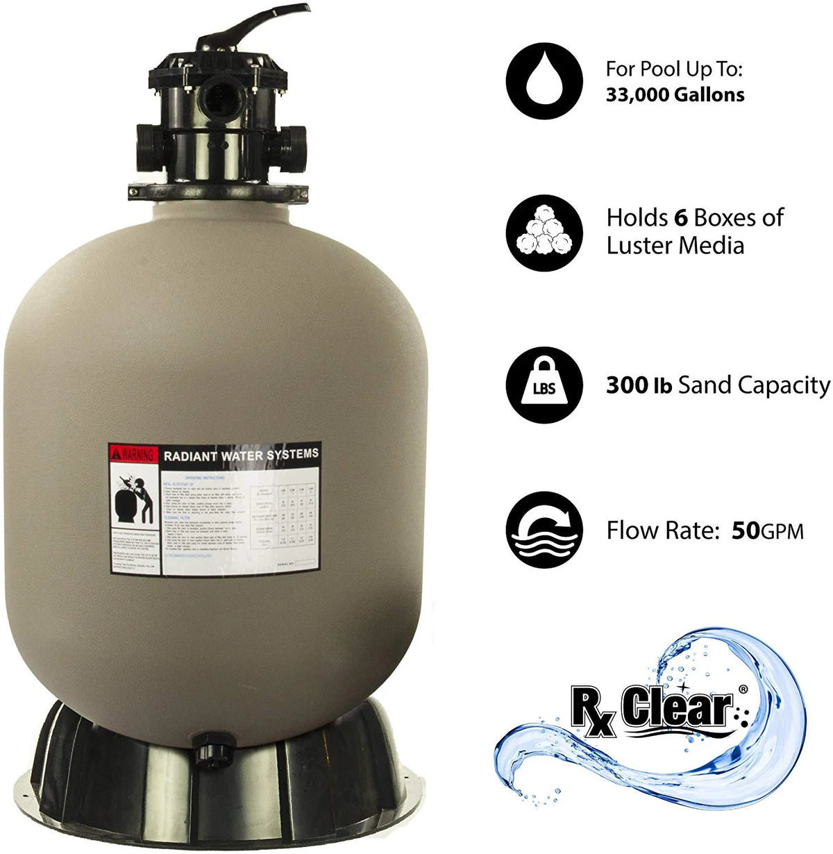Rx Clear Radiant 22" Sand Filter with 6 Position Valve for Above-ground Swimming Pools