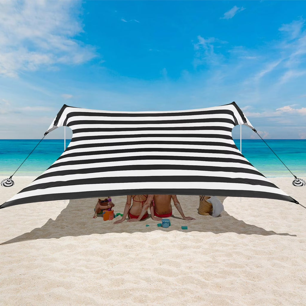 Beach Tent, UPF 50+ Beach Canopy Sun Shade, Portable 10×10 FT Large Pop-Up Beach Tent Sun Shelter with Sand Anchors, Ground Pegs, Easy Setup for Beach, Camping, Park, and Backyard Fun