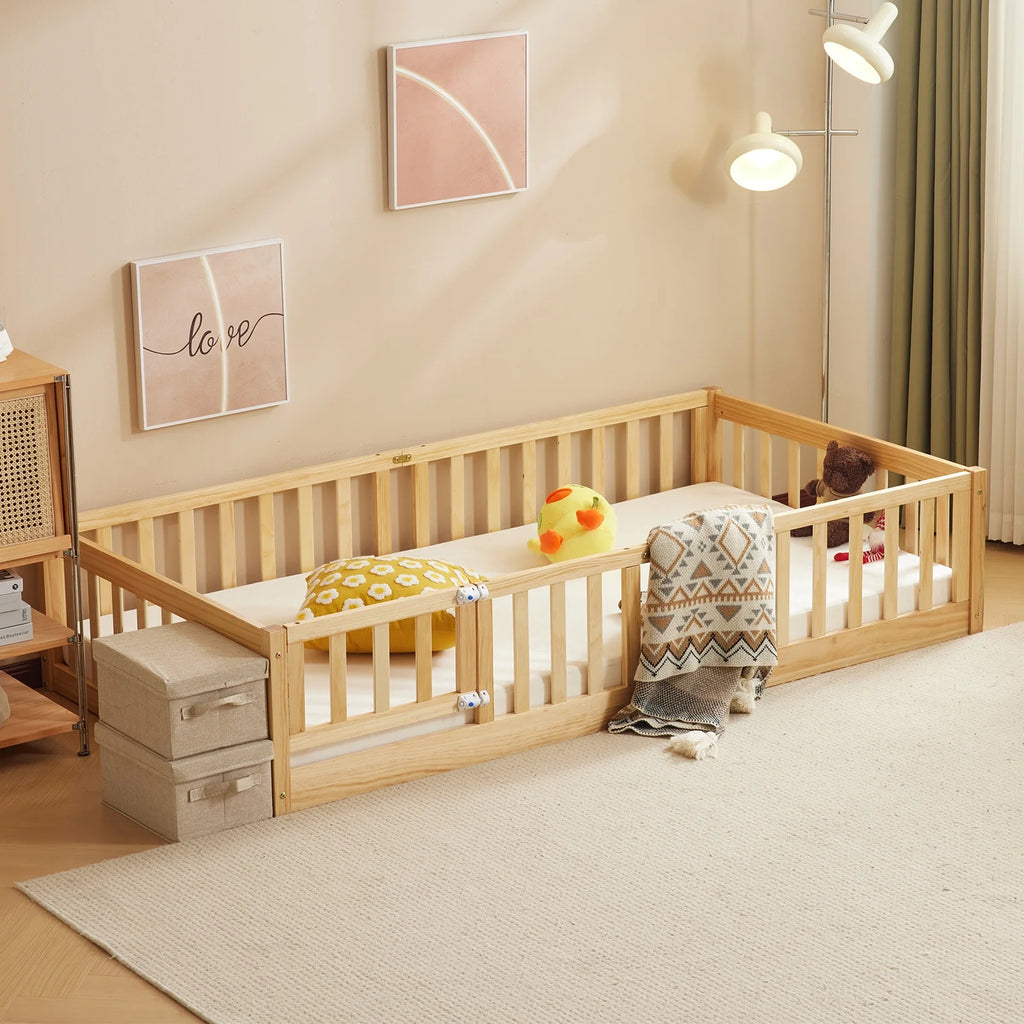 Zimtown Montessori Floor Bed Frame, Full Size Kids Toddler Bed with Fence and Door, Wooden Platform Bed, White
