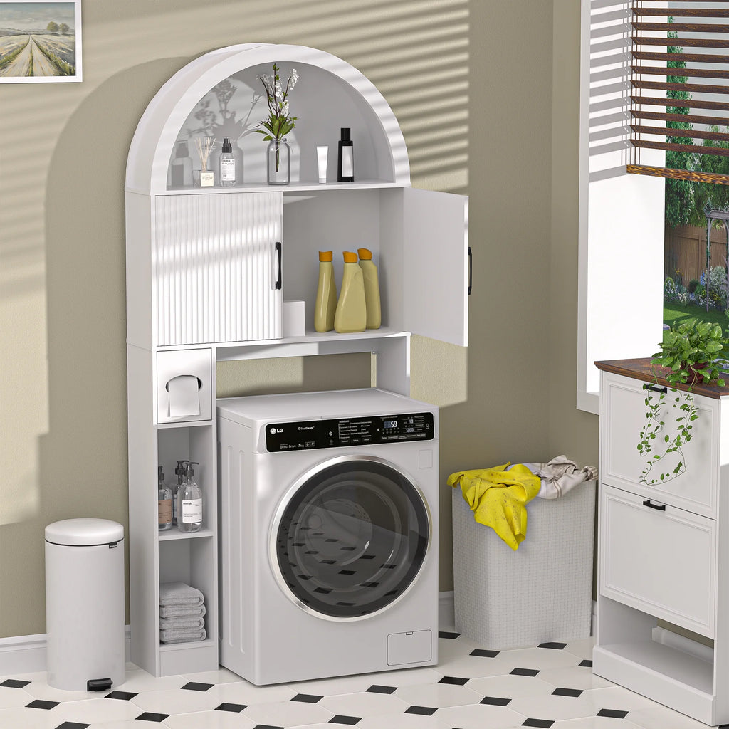 HARIPUL Over The Toilet Storage Cabinet w/ Unique Wood Grain & Arc Design, Freestanding Bathroom Shelf Organizer Space Saver w/ Doors & Anti-Tip Device, Wood Color
