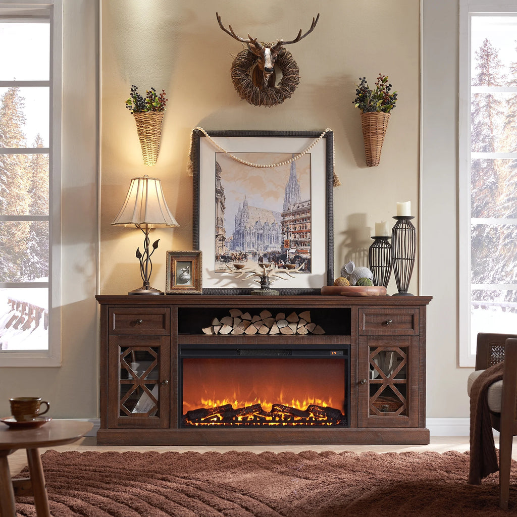 SinCiDo Farmhouse Fireplace TV Stand 75 Inch, Electric Fireplace TV Stand Up to 80 Inch TVs, Entertainment Center with Fireplace for Living Room