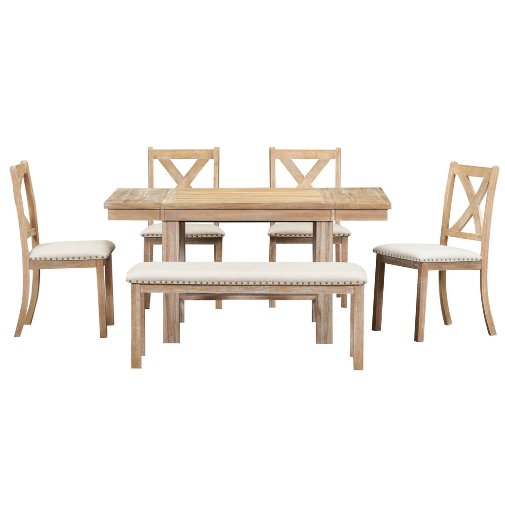 6 Piece Extendable Dining Table Set, Atumon Wood Dining Room Set for 6, Dining Table Set with 4 Beige Cushioned Chairs and Bench, Farmhouse Dining Table Set Furniture for Kitchen Dining Room, Natural