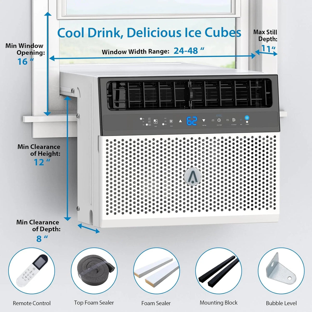 8,000 BTU Window Air Conditioner, Wi-Fi Enabled with Remote Control, Cools Up to 370 Sq. Ft., Washable Filter, Ultra-Quiet and Energy Efficient, Sleek White Design