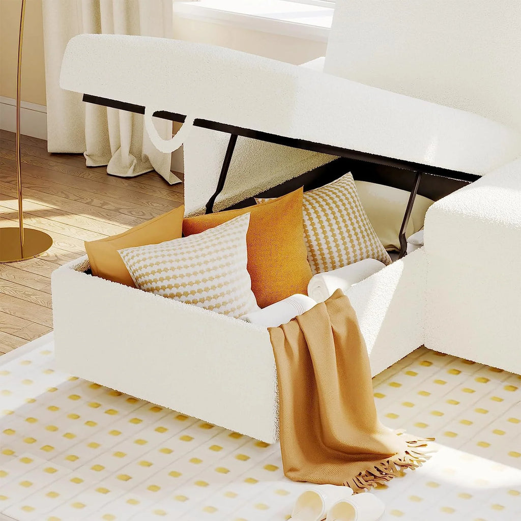 VANACC Sofa Bed, Convertible Sleeper Sofa-2 in 1 Pull Out Couch Bed, L Shape Sofa with Storage Chaise, White Boucle Couch for Indoor