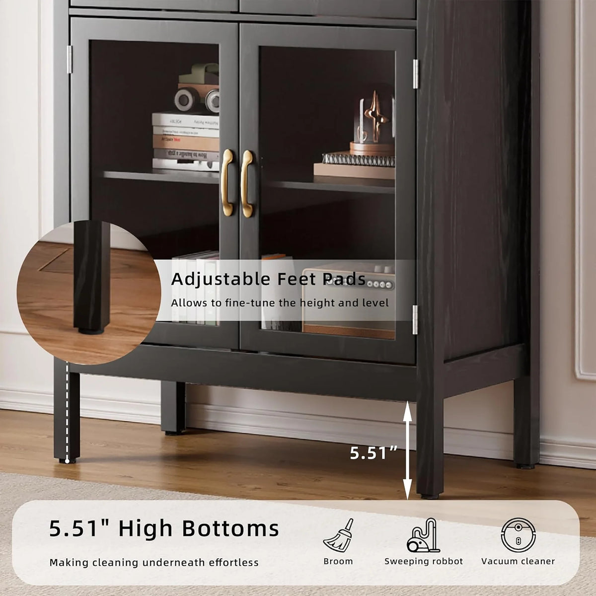 Tall Arched Storage Display Cabinet 5-Shelf with Acrylic Glass Doors, Kitchen Pantry Storage Cabinet Accent Cabinet Bookcase for Living Dining Room