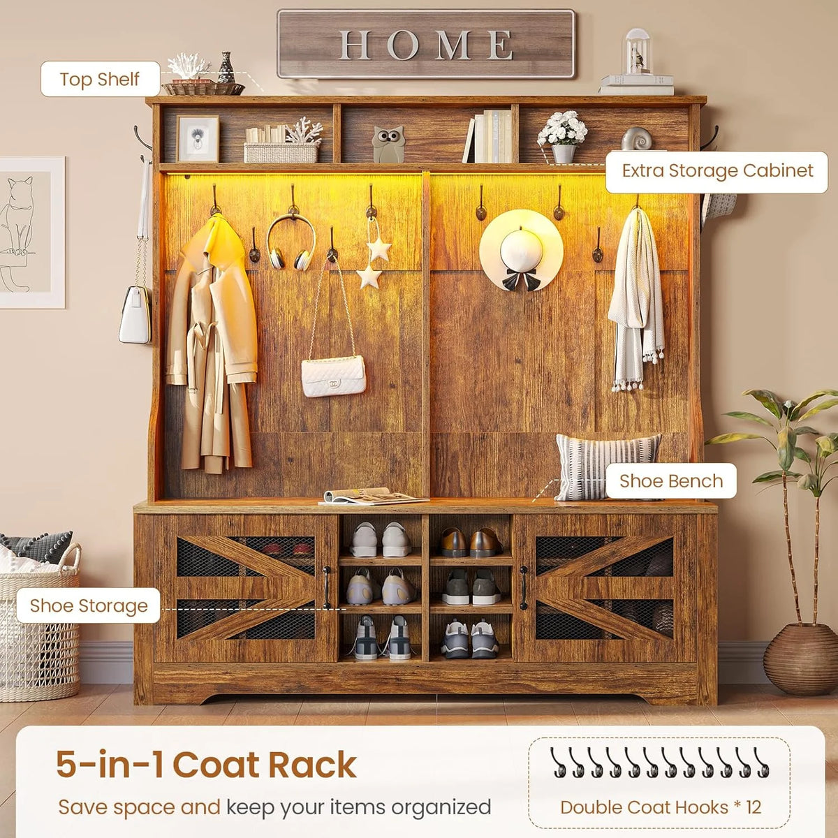 Hall Tree with Coat Rack and 16 Shoe Cubbies, 5-in-1 Entryway Bench with Bench and Shoe Storage, Barn Door & Adjustable Shelf, Embossed White