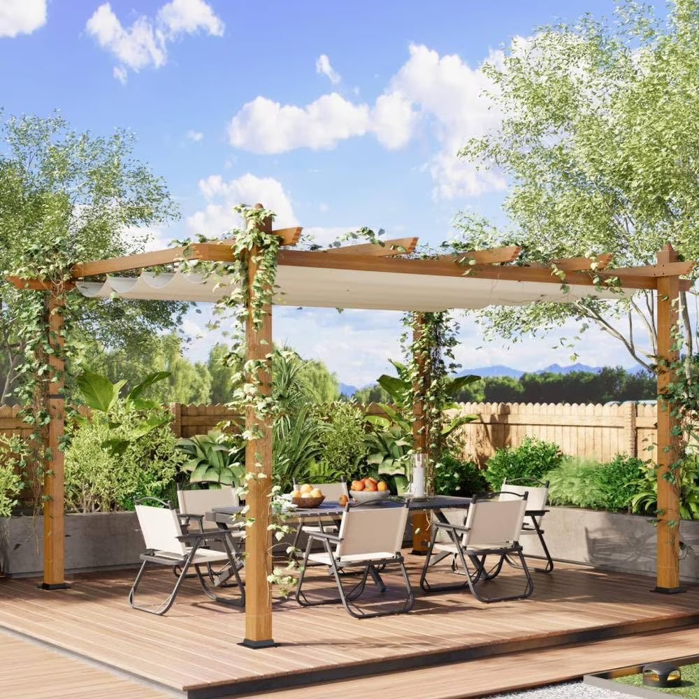 Outdoor Aluminum Pergola with Retractable Canopy, Reinforced 4-Sided Base, Waterproof & UV-Resistant Adjustable Roof, Modern Design for Patio, Deck, Backyard, and Garden