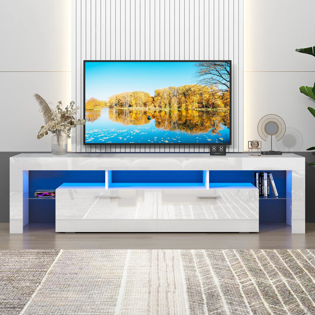 UHOMEPRO TV Stand for TV up to 70", Living Room Entertainment Center with RGB LED Lights and Storage Shelves Furniture, White High Gloss TV Cabinet Console Table