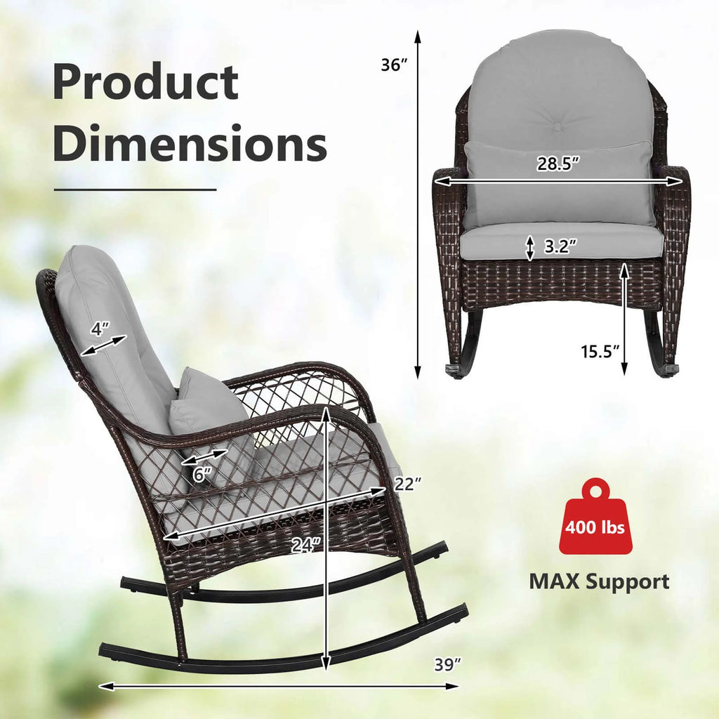 Costway Patio Wicker Rocking Chair W/Seat Back Cushions & Lumbar Pillow Porch Off White