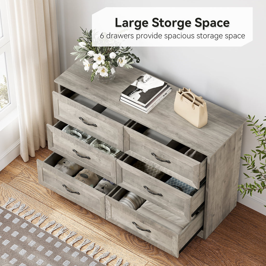 Homhougo White Dresser for Bedroom 6 Drawer, Wood Organizer Storage Cabinet with Gray Strip Drawer Door, Chest of Drawers for Closet, Living Room, Hallway, Nursery, Kids Bedroom