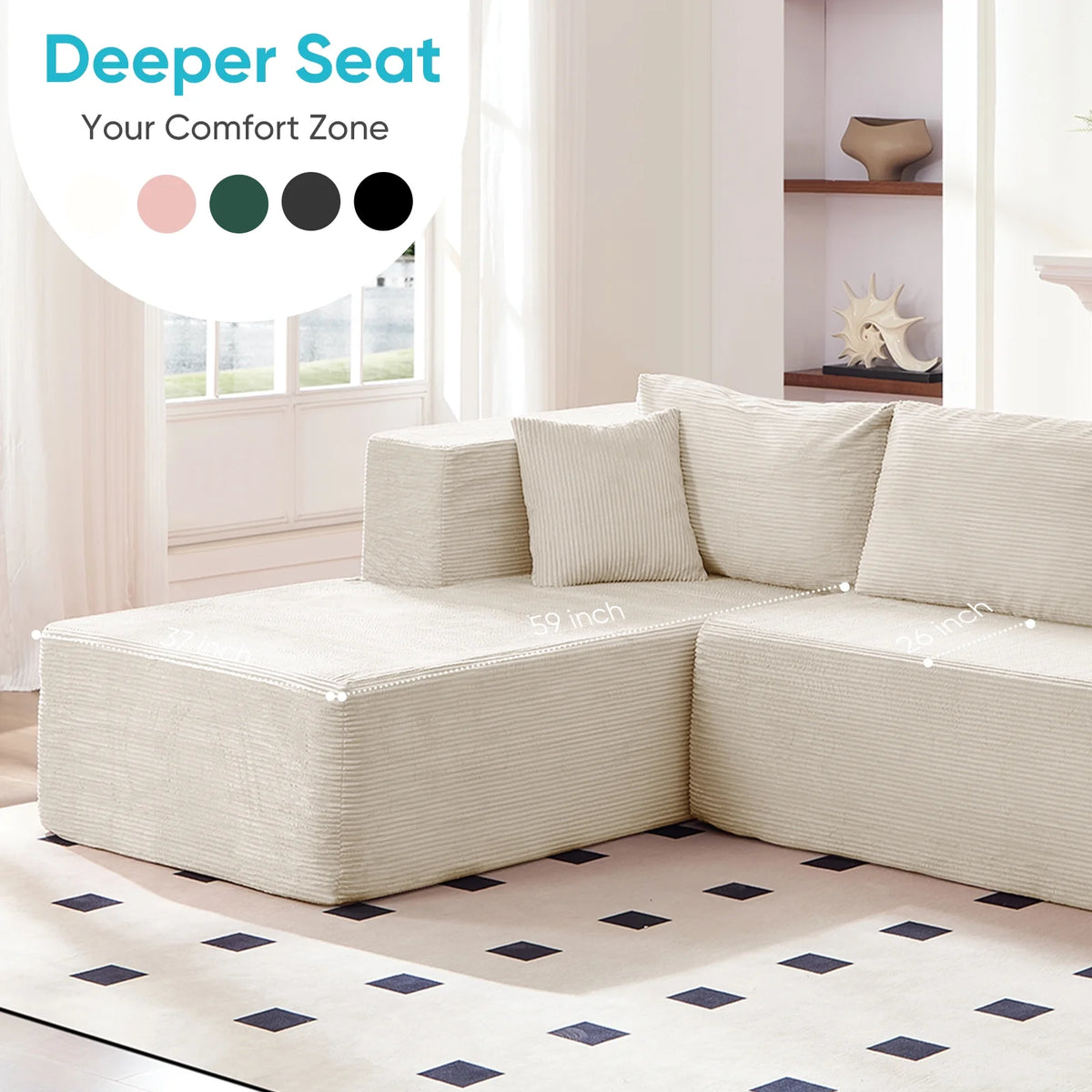 ZAFLY 106" Cloud Sectional Couch with Chaise, No Assembly Required L Shaped Sleeper Sofa, Oversized Deep Seat Modular Couches and Sofas for Living Room - Right, Black