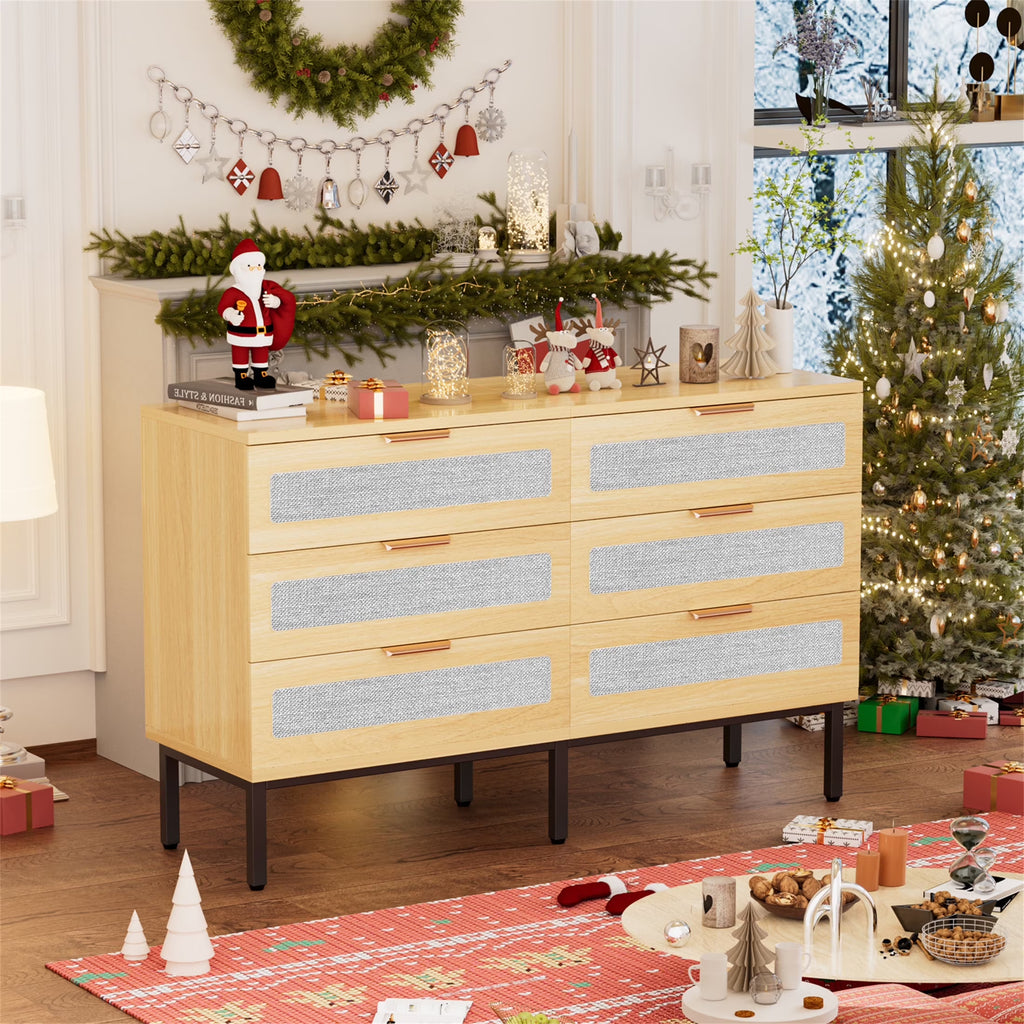 Planntonneo Boho Fluted 6 Drawer Dresser, Wooden Chests for Bedroom