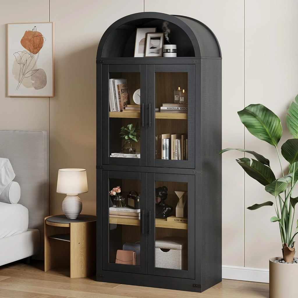 NEILA Arched Bookshelf with Doors - Glass Doors - 15.83 inches deep by 71.4 inches tall rustic ambiance premium wood display cabinet for living room, kitchen and office,Glass Door_Black