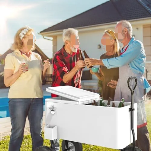 80 Quart Wagon Rolling Cooler Ice Chest, /Long Handle and 10" Wheels, Portable Beach Patio Party Bar Cold Drink Beverage, Outdoor Park Cart on Wheels