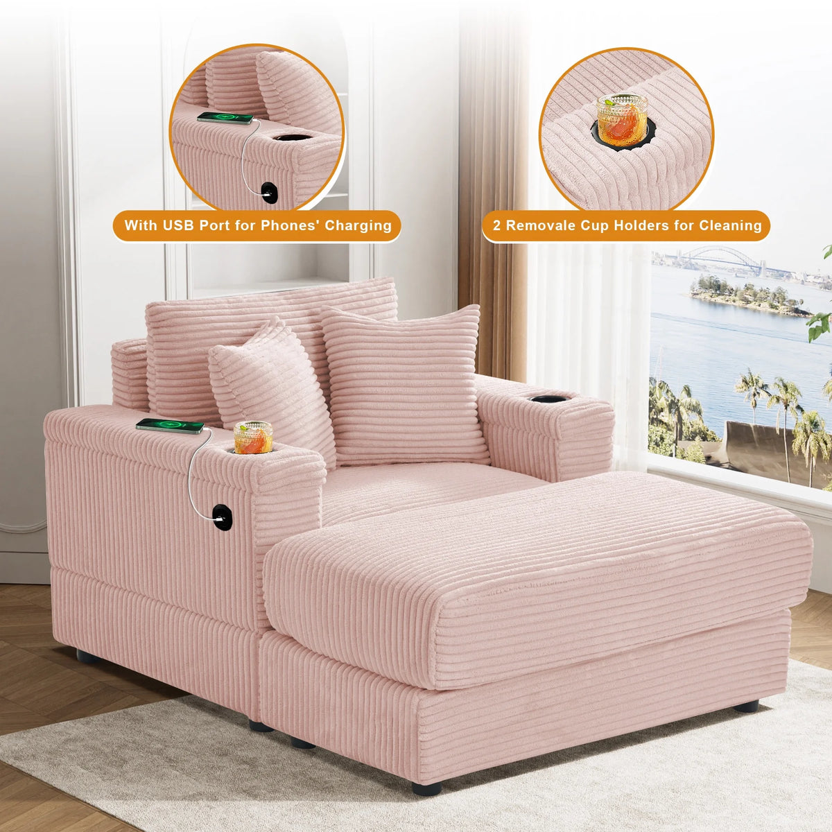 Wiilayok Oversized Lounge Chair Indoor,54" Corduroy Cloud Chaise Lounge Couch Indoor with Ottoman,Cup Holder for Living Room,Bedroom,Beige