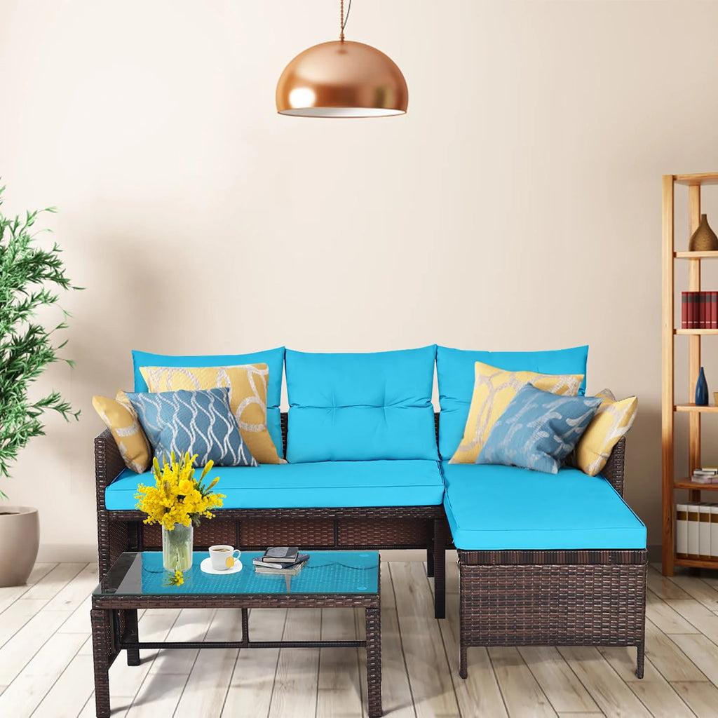 Costway 3PCS Patio Wicker Rattan Sofa Set Outdoor Sectional Conversation Set Turquoise