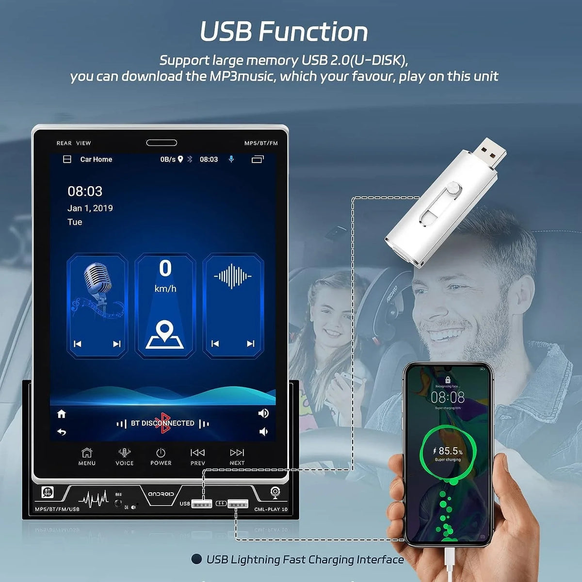 Podofo 2+32G Double 2 Din Adjustable 9.5'' Vertical HD Touch Screen Car Stereo Radio Android 12 Car Player Head Unit Bluetooth Wifi GPS FM Receiver Audio USB Mirror Link, with Backup Camera