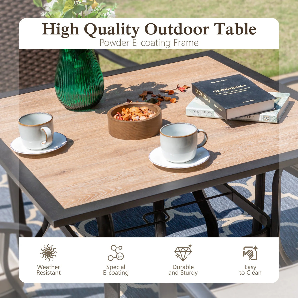 Alpha Joy 8-Piece Outdoor Patio Dining Set with 13 ft Umbrella, Rattan Chairs & Rectangle Table Set for 6, Beige Umbrella