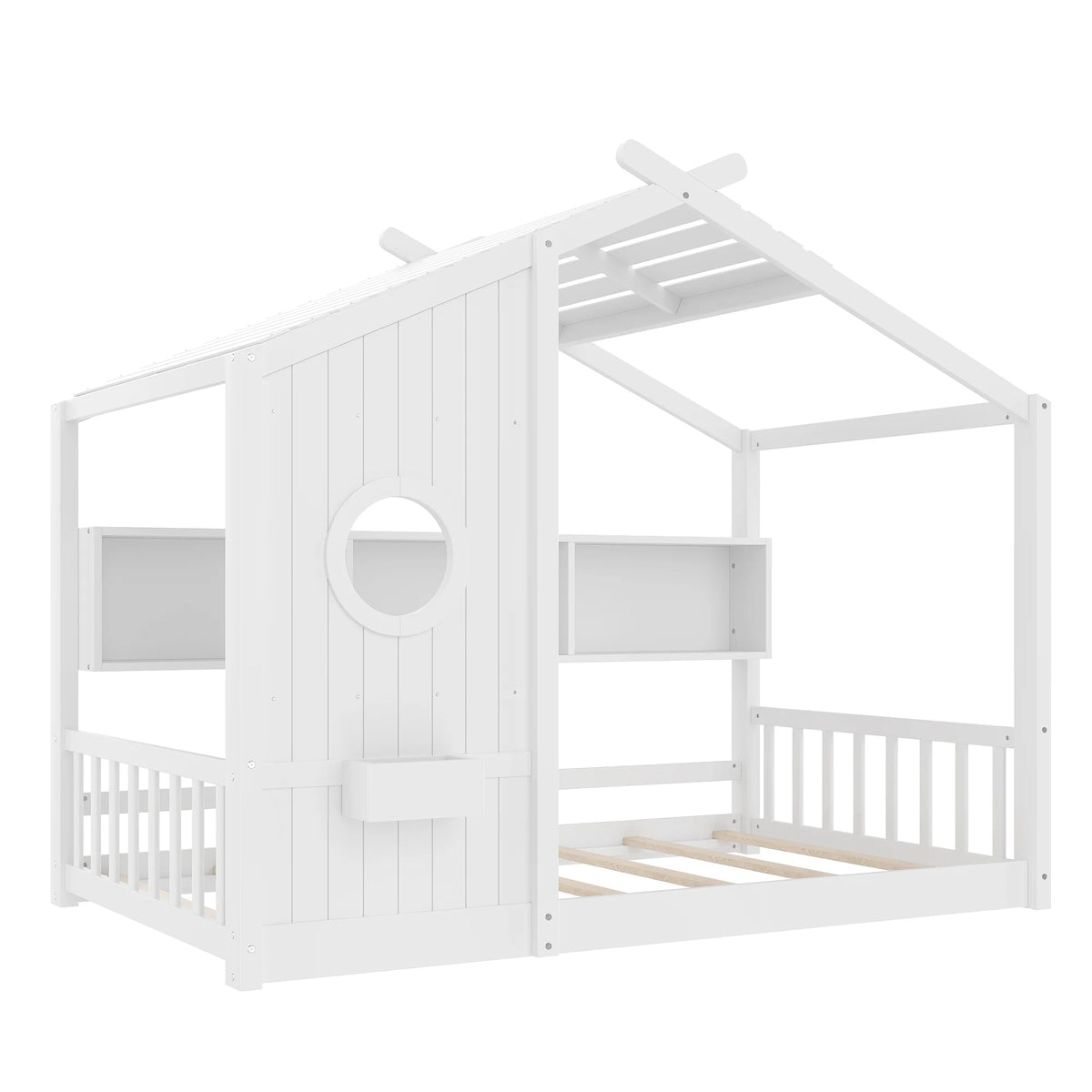Miniyam Twin Size Montessori Floor House Bed with Roof Design and Storage Shelf for Kids, White