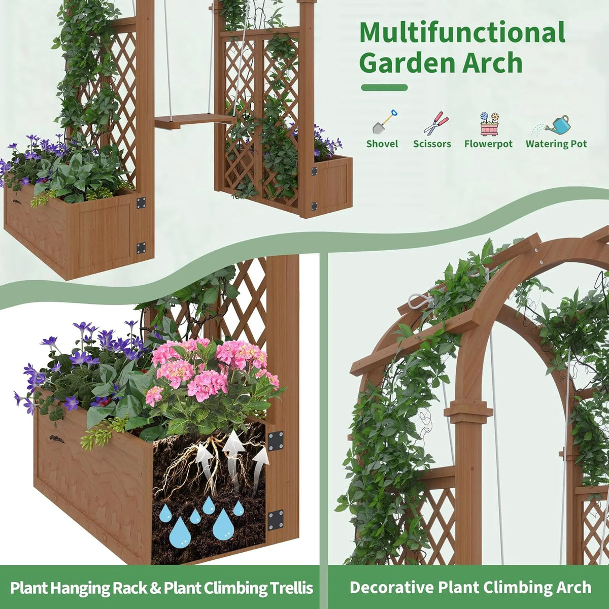 Wooden Garden Arbor with Planter&Swing,Outdoor Arbor Trellis for Climbing Plants, Roses, Vines, Outside Pergola Planter, Garden Arch for Lawn Backyard Wedding Ceremony Bridal Party