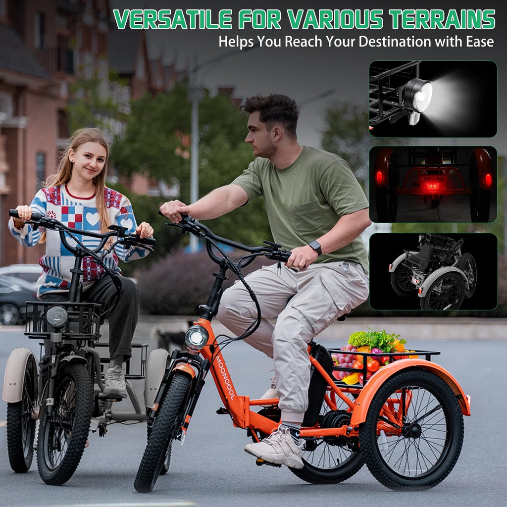 MOONCOOL TK1 Folding Electric Tricycle for Adults,48V 14.5Ah Removable battery, 500W��Peak 1000w��Motor, 20" Fat Tire Step-Thru 3Wheel Electric Bicycle w/Front&Rear Baskets, Certified to UL 2849 by SGS