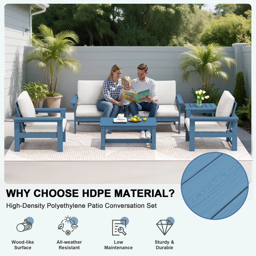 SERWALL Outdoor Patio Furniture Set, 7-Piece HDPE Outdoor Sofa Set Patio Conversation Set, Black Frame with Beige Cushions