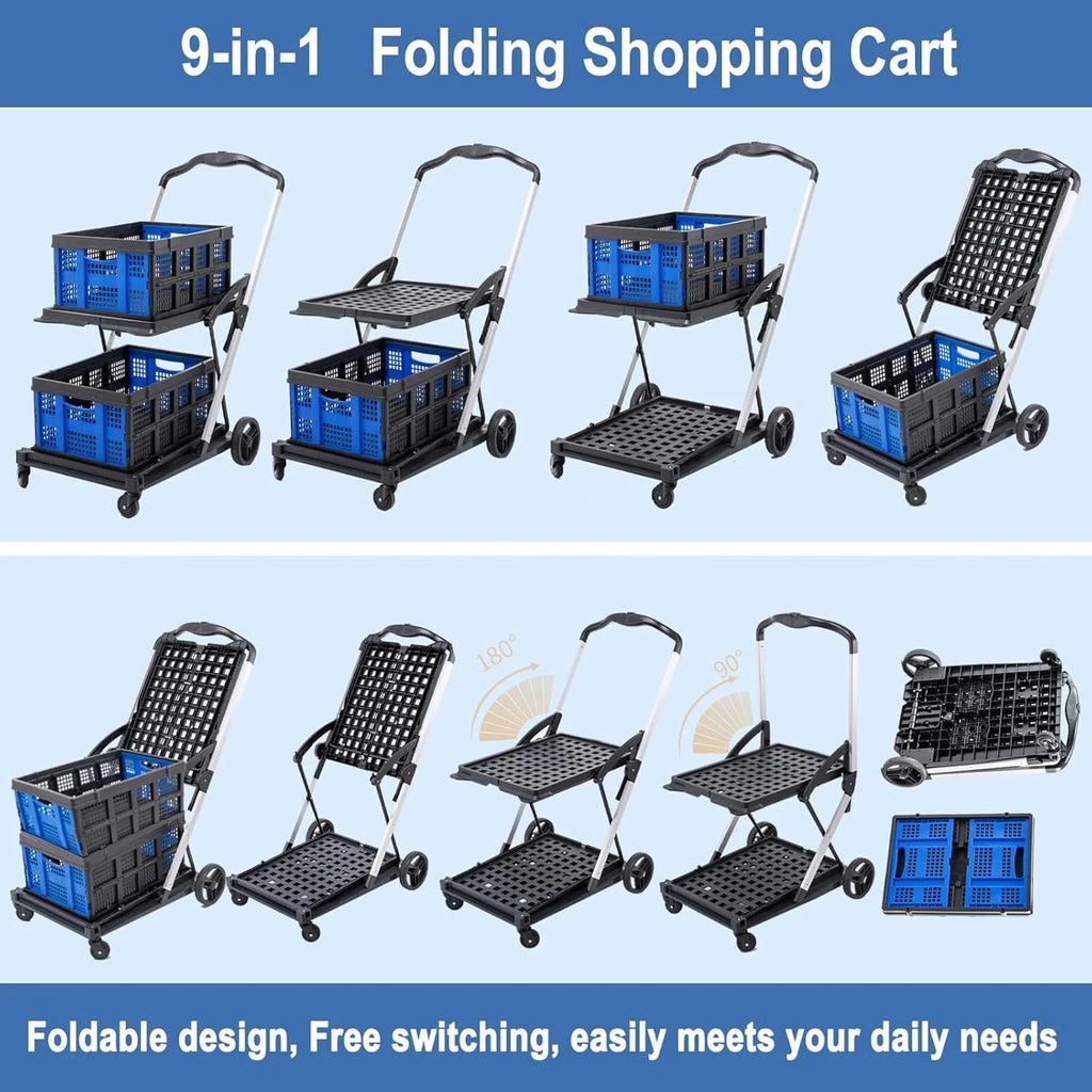 Foldable Grocery Cart with Wheels and Removable Storage Crate, Collapsible Shopping Cart, 2-Tier Portable Utility Cart for Home, GroceriesSupermarket