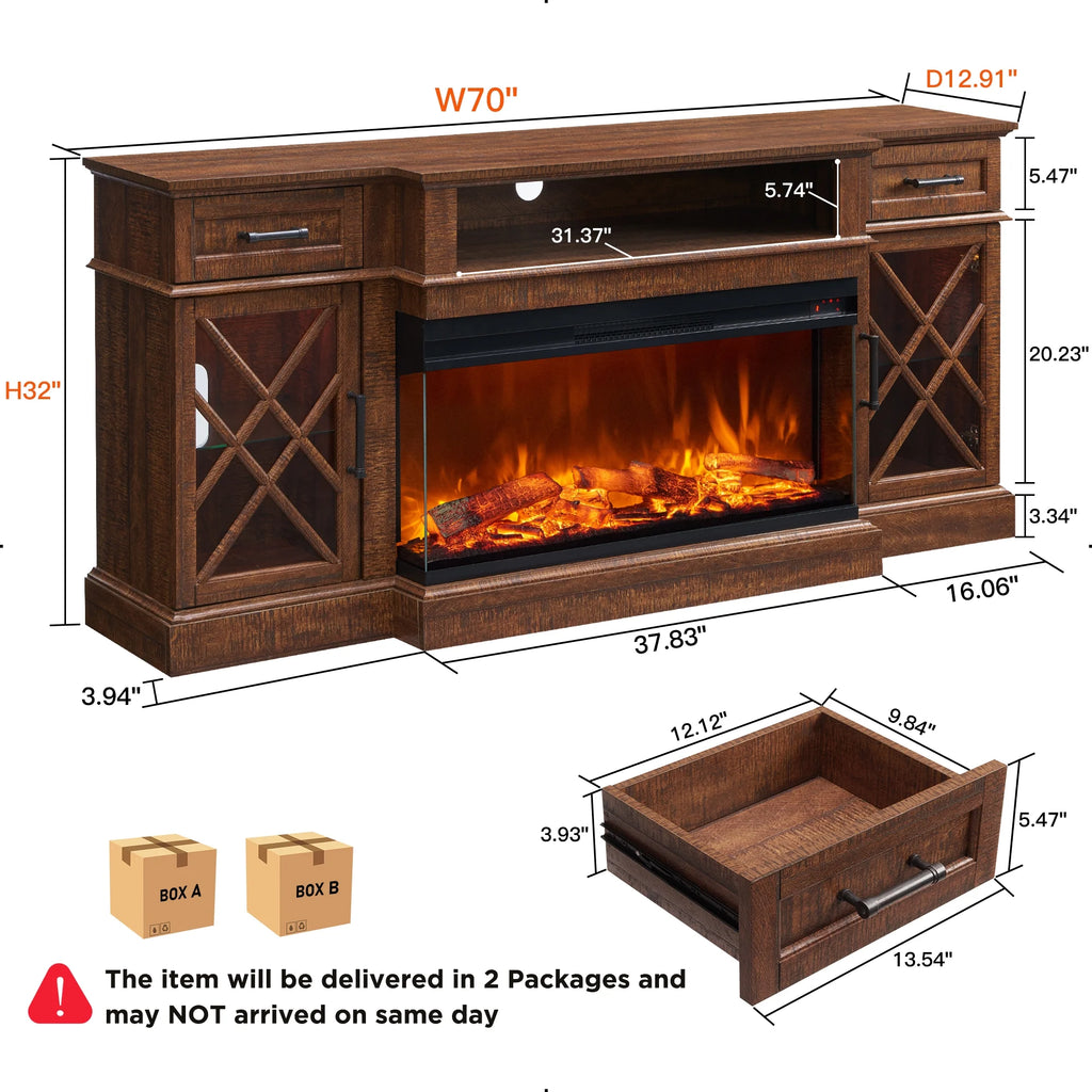 OKD Farmhouse 3-Sided Fireplace TV Stand for 80" TVs, 70" Entertainment Center with Electric Fireplace and Storage Drawers, Antique White