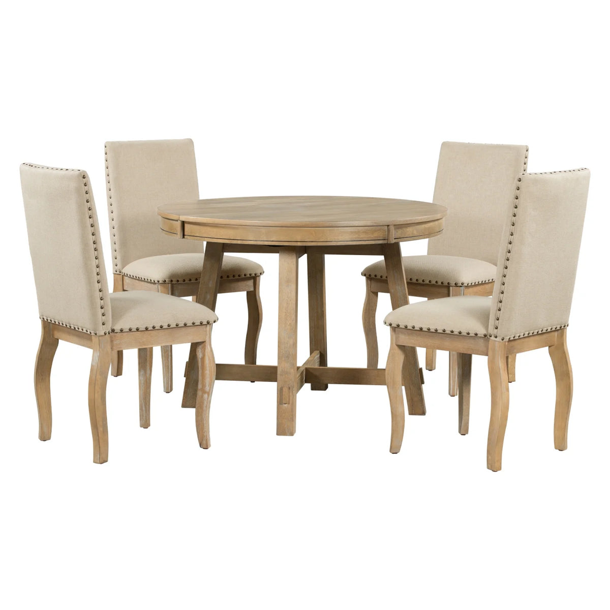 Harper & Bright Designs Round Extendable Dining Table Set for 4, 5 Piece Farmhouse Wood Dining Table Set with 4 Upholstered Dining Chairs, Natural Wood Wash