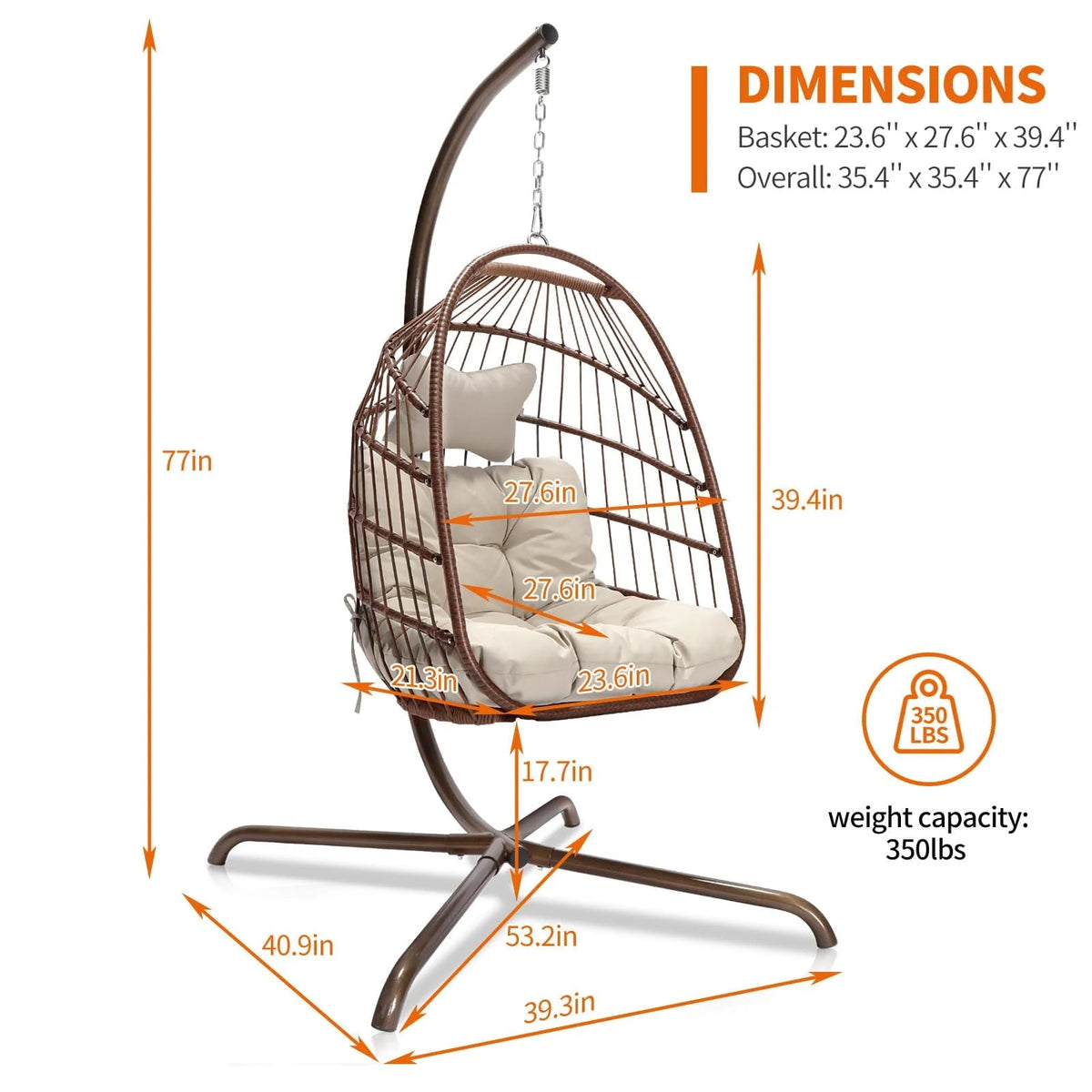 Nicesoul Foldable PE Wicker Brown Hanging Egg Chair With Stand Swing Chair With Cushion and Pillow Capacity 350lbs