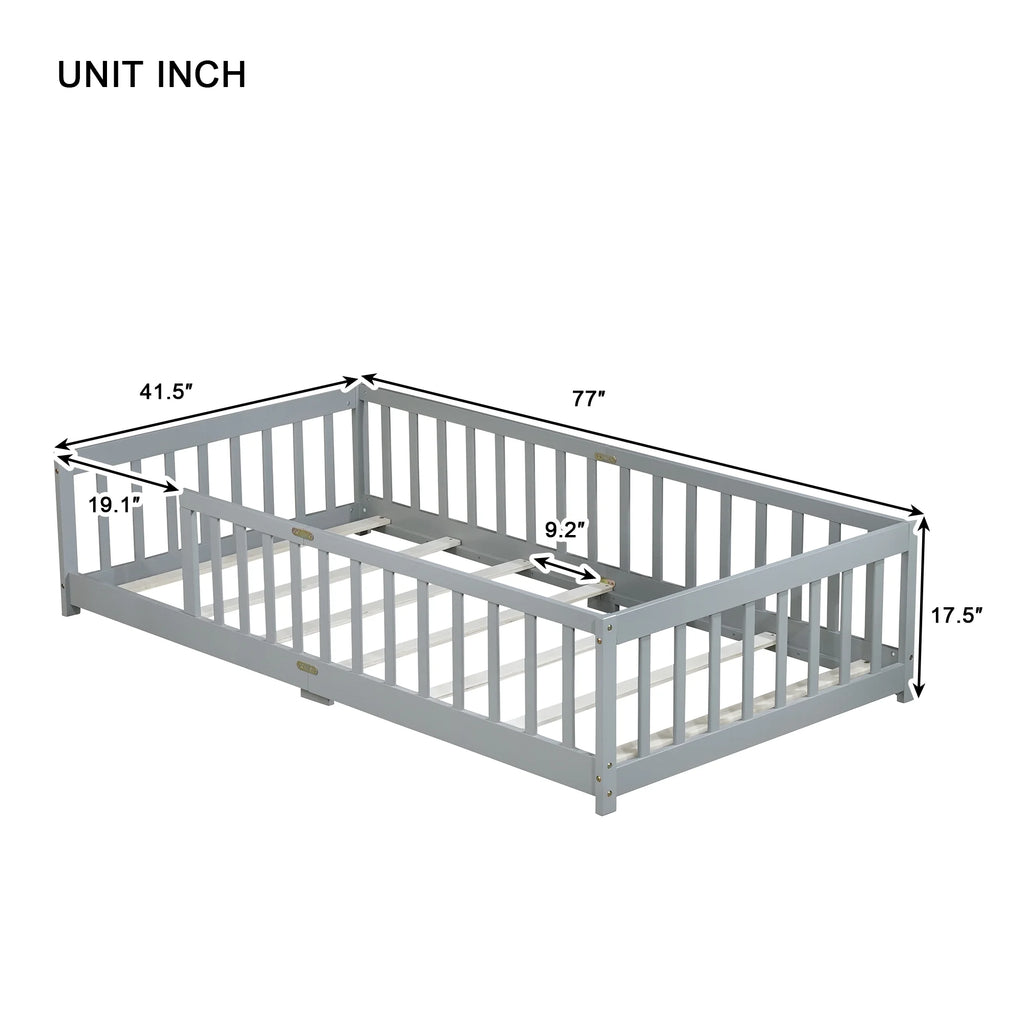 Miniyam Wooden Twin Size Floor Bed with Safety Fence for Kids, Natural