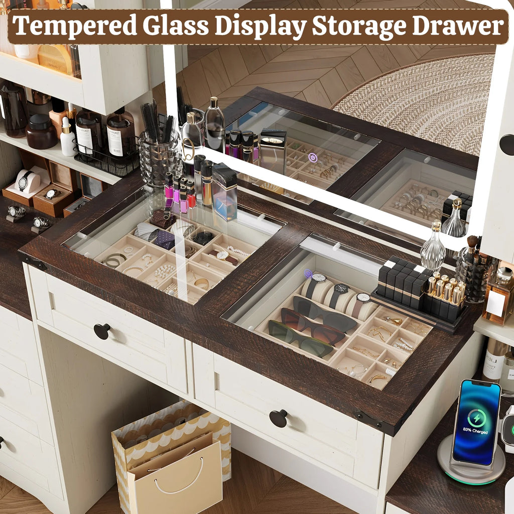 ANPOO 60" Farmhouse Vanity Desk with Outlet, Mirror Lights, Tempered Glass Top, Big Makeup Vanity Table with 2 RGB Glass Cabinets, 60000-color LED Lights, Wood Makeup Desk for Women, Girls, Brown