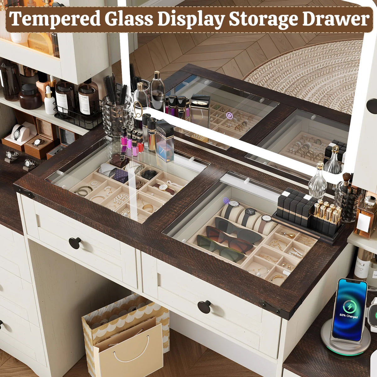 ANPOO 60" Farmhouse Vanity Desk with Outlet, Mirror Lights, Tempered Glass Top, Big Makeup Vanity Table with 2 RGB Glass Cabinets, 60000-color LED Lights, Wood Makeup Desk for Women, Girls, Brown