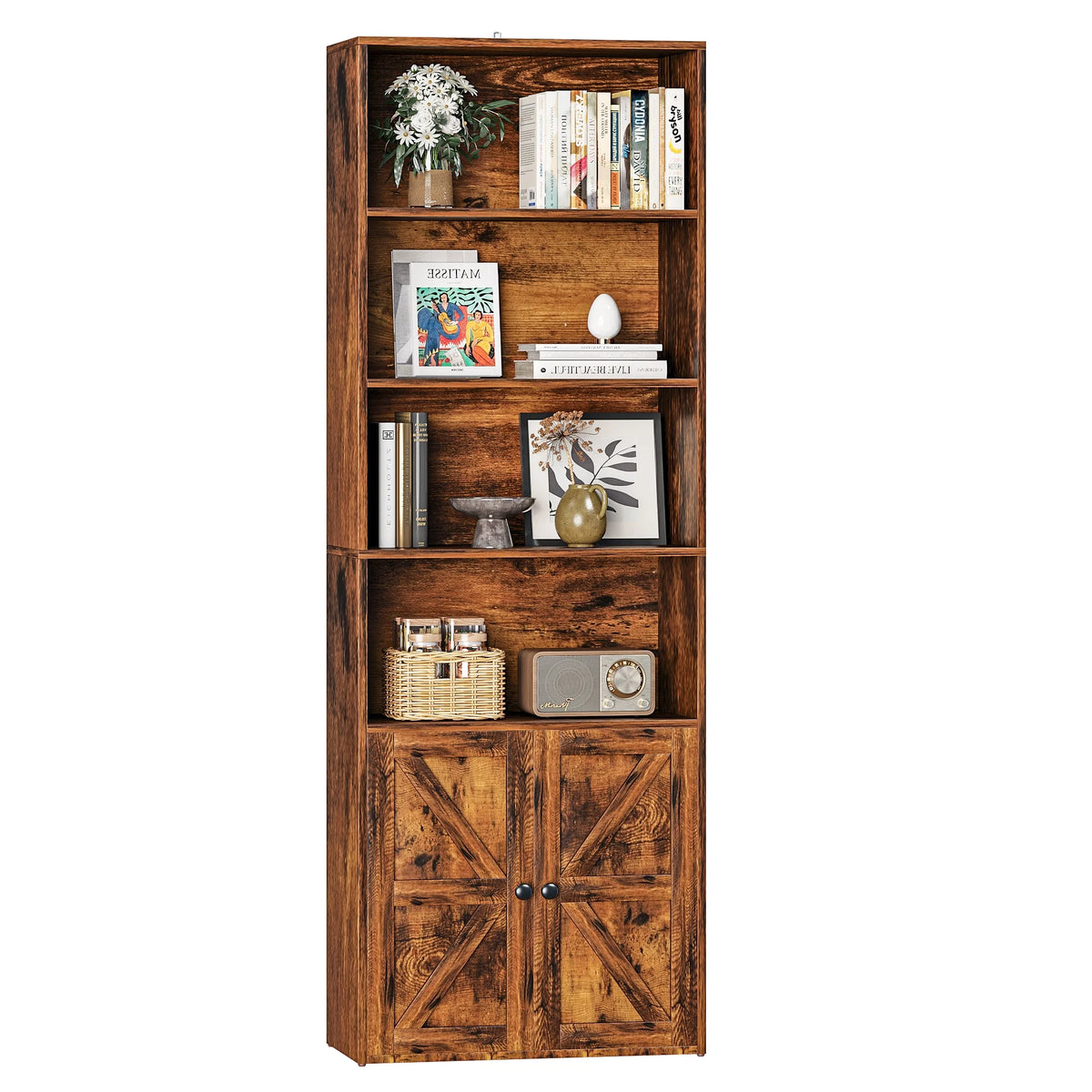 Furmax 1 Piece 4-Shelf Farmhouse Bookcases 4-Tier Bookshelf with Adjustable Shelves&Doors,Storage Cabinet for Home Living room,Kitchen,Office,White