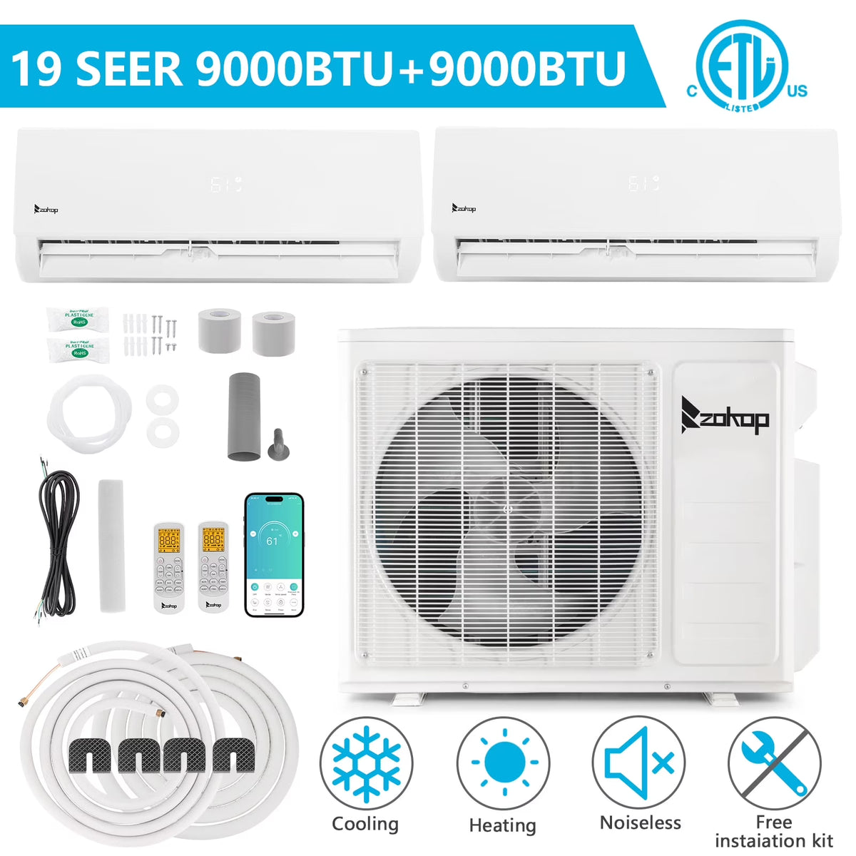 Ktaxon 2 Zone 9000 + 9000 BTU WIFI Mini Split AC/Heating System, 19 SEER2 Dual Zone 18000 BTU Ductless Split Air Conditioner with Pre-Charged Condenser, Heat Pump & 25Ft Installation Kit, 208-230V