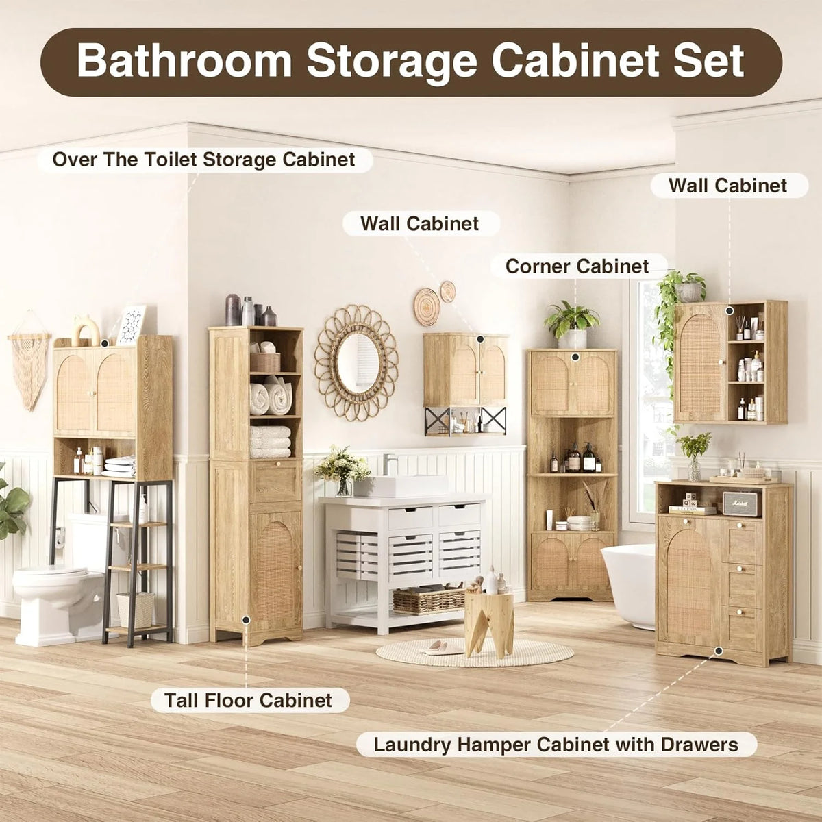 VEANERWOOD Rattan Bathroom Wall Storage Cabinet with Double Doors and Adjustable Shelves, Medicine Wall Storage Cabinet for Kitchen, Toilet, Bathroom