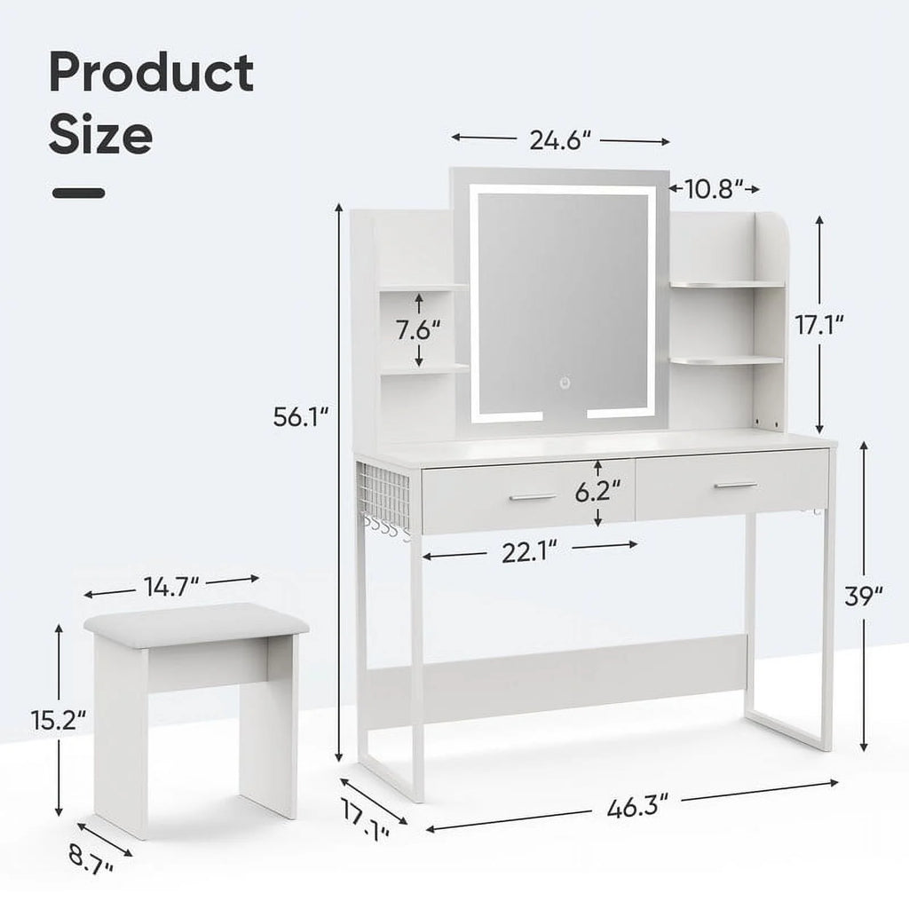 Vanity Desk with Chair, White Makeup Desk Set with Mirror & LED Lights, Vanity Table with Power Strip, 2 Drawers, 4 Shelves