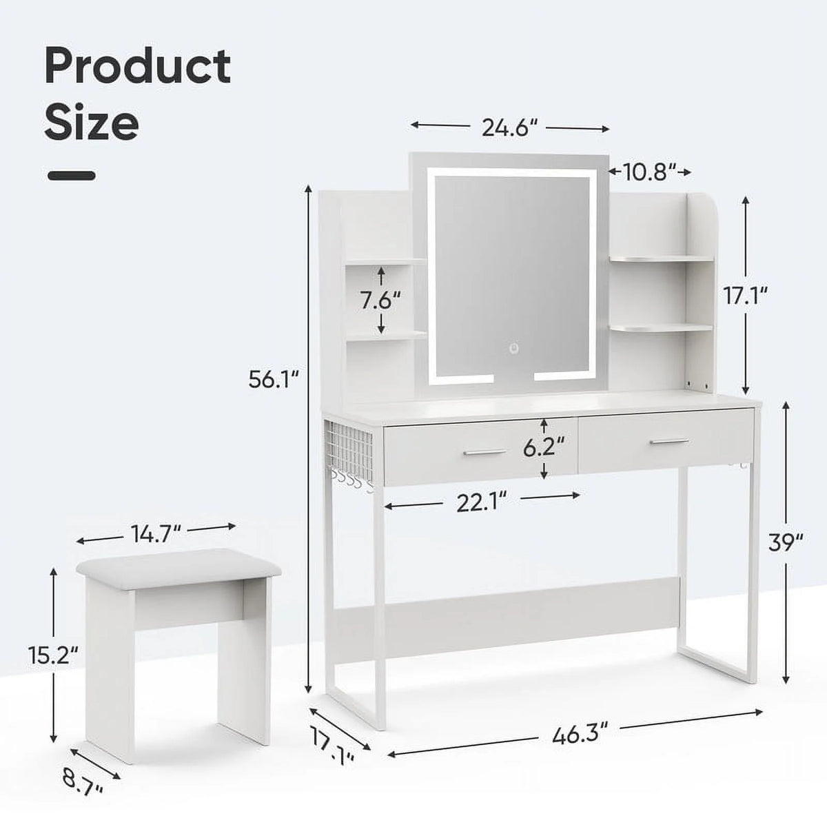 Vanity Desk with Chair, White Makeup Desk Set with Mirror & LED Lights, Vanity Table with Power Strip, 2 Drawers, 4 Shelves