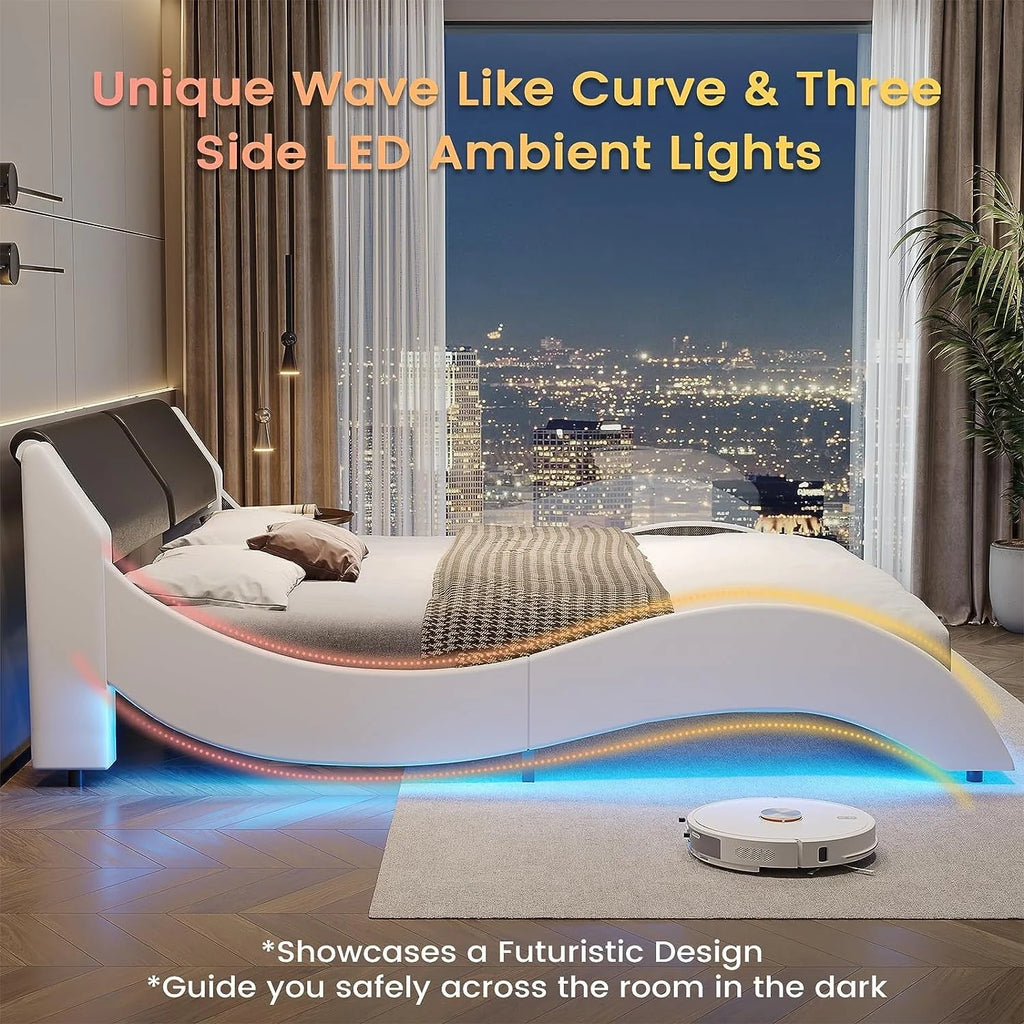 Queen Size Bed Frame with LED Lights,Modern Platform Bed Frame with Upholstered Headboard,Faux Leather Wave Like Low Profile Bed Frame,No Box Spring Needed,Black