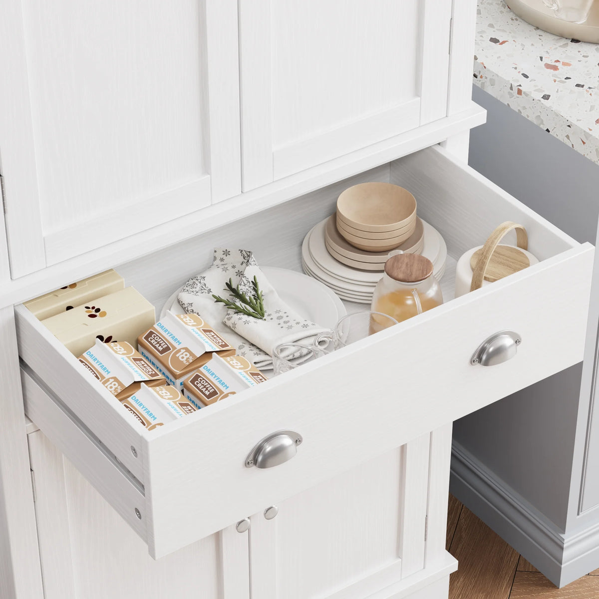 Homfa 72.4'' Tall Kitchen Pantry with 4 Doors, Large Drawer Shelves Wood Pantry Storage Cabinet for Dining Room Living Room, White