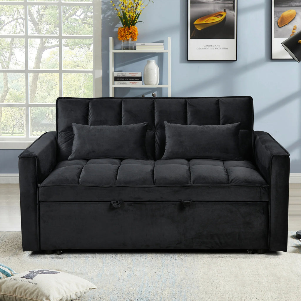 BINBANK Black Velvet 3-in-1 Convertible Sleeper Sofa Bed a?? USB Charging, Adjustable Backrest Pull-Out Futon Loveseat Couch for Living Room, Apartment & Small Space