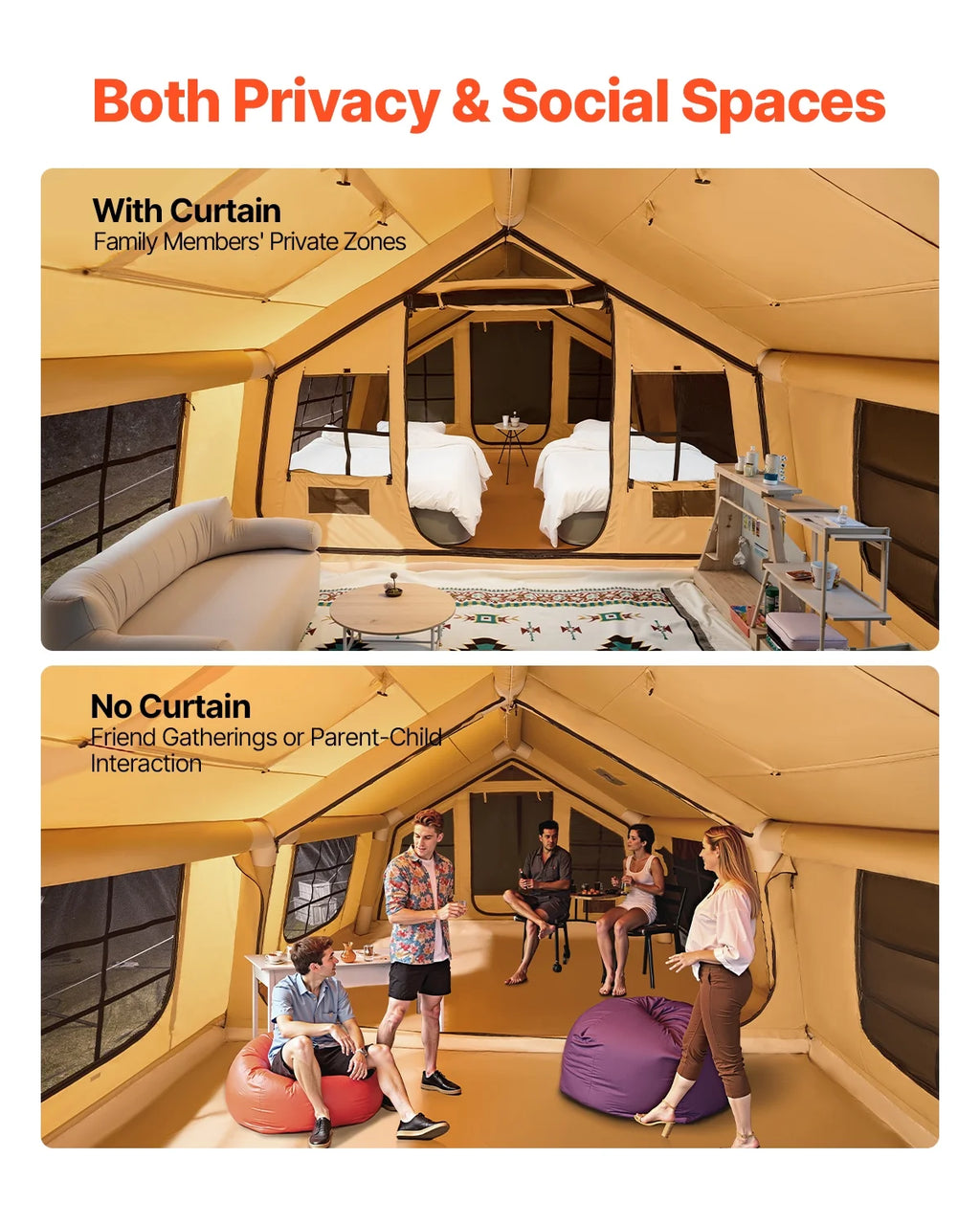VEVOR Inflatable Tents for Camping,8-12 Person Easy Setup Blow up Tent with Hand Pump,4 Season Luxury Glamping Tent with 2 Skylights, Canopy,Stove Jack, 2 Doors & Mesh Windows(Include Storage Bag)