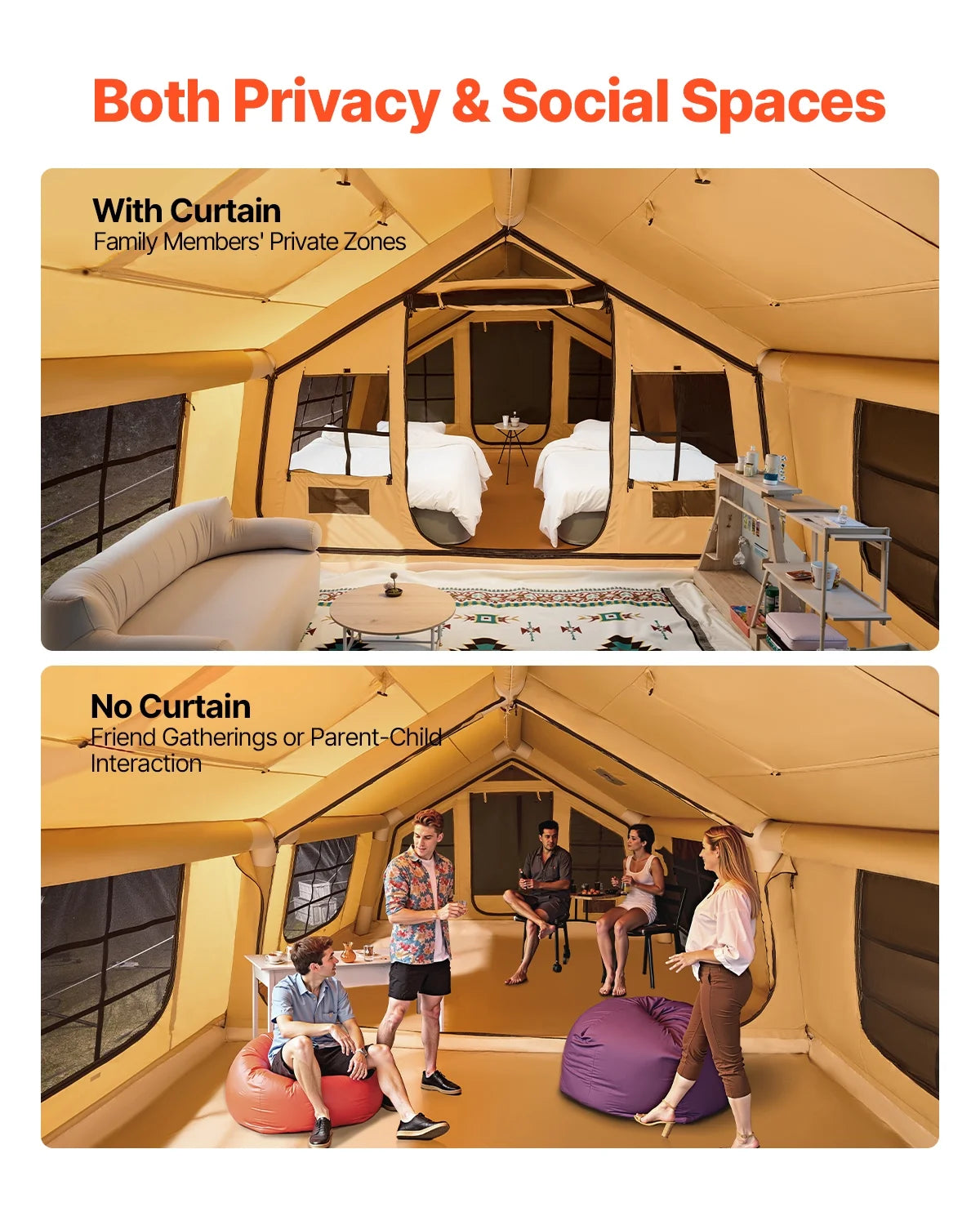 VEVOR Inflatable Tents for Camping,8-12 Person Easy Setup Blow up Tent with Hand Pump,4 Season Luxury Glamping Tent with 2 Skylights, Canopy,Stove Jack, 2 Doors & Mesh Windows(Include Storage Bag)