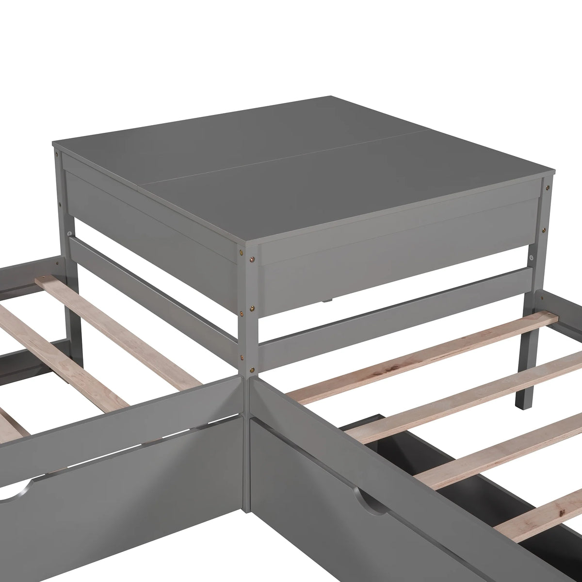 Euroco Wood Twin Size L-Shaped Platform Bed with Square Storage Table for Kids Teens, 2 Platform Beds with Trundle and Drawers for Living Room, 3 Twin Beds, Gray