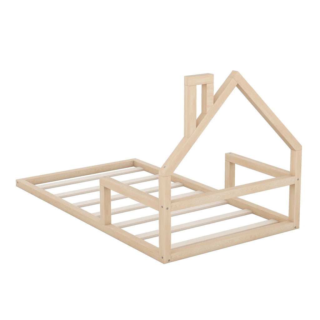 Euroco Twin Size Wood Floor Bed for Kids Room, Toddler House Bed, Natural