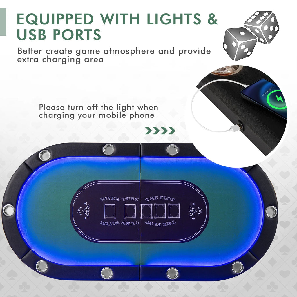Costway Foldable, USB Ports, Led Lights 10 Player Poker Table, Blue/Black
