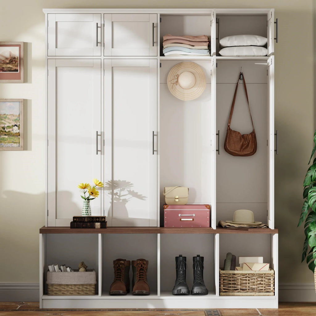 Euroco Entryway Hall Tree with Bench, Shoe Storage, Coat Hooks & Cabinets �C Walnut Finish, Anti-Tip Design, Modern Mudroom Organizer