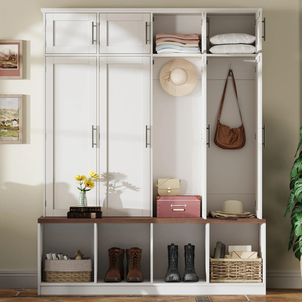 Euroco Entryway Hall Tree with Bench, Shoe Storage, Coat Hooks & Cabinets �C Walnut Finish, Anti-Tip Design, Modern Mudroom Organizer