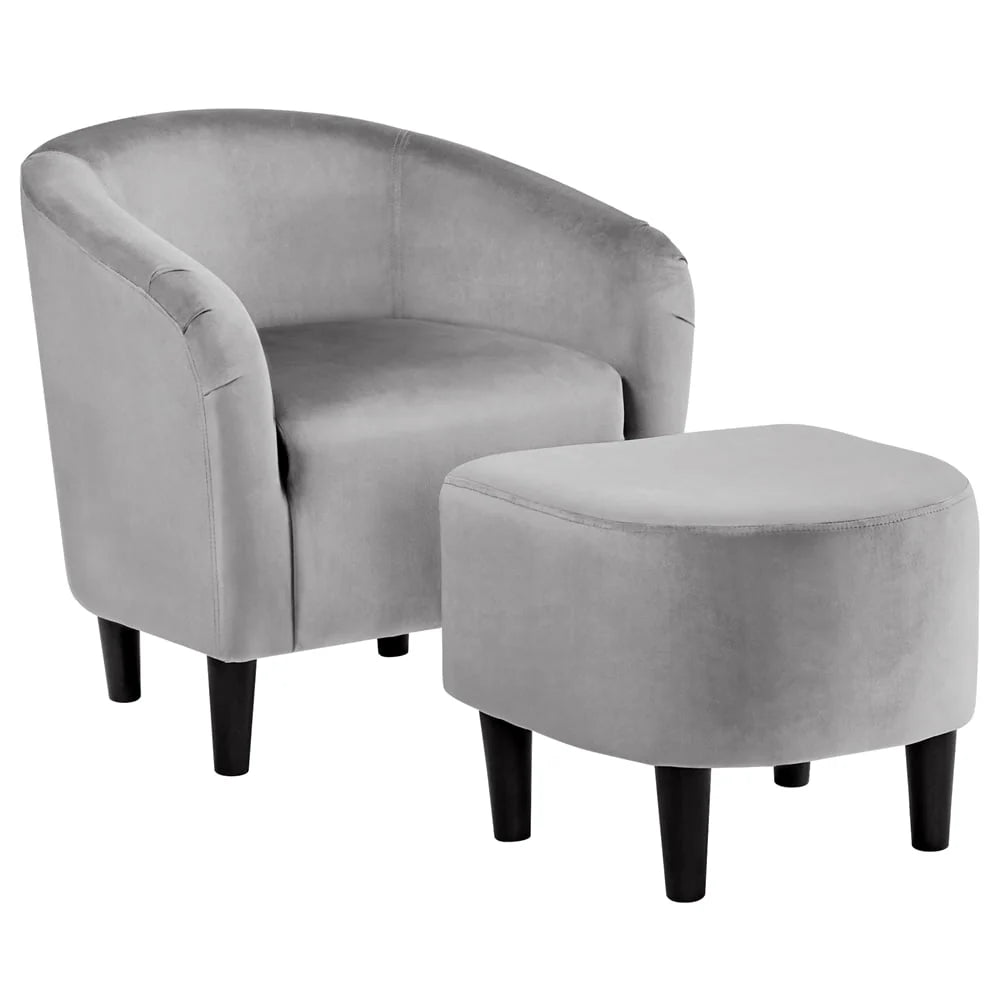 Easyfashion Barrel Accent Chair with Ottoman, Brown Faux Leather